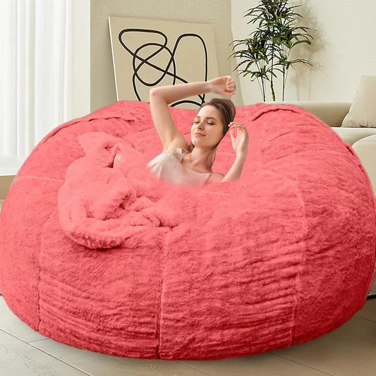 Bean Bag Chairs for Kids Comfy Fluffy Big Joe Bean Bag Chair Cover Without Filler Round Sofa Chairs for Bedroom Living Room Decor, 5FT, Rose Red