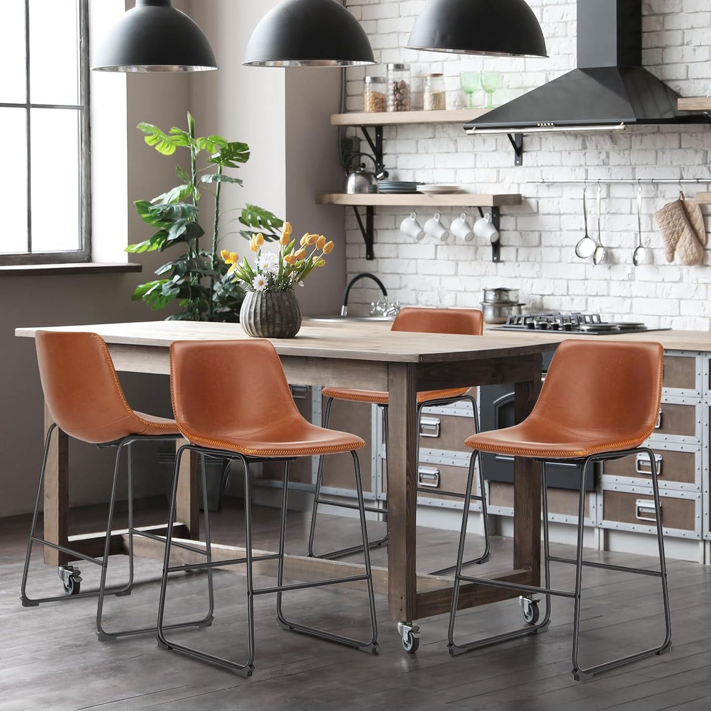 DUMOS 26 Inch Counter Height Bar Stools Set of 4, Modern Faux Leather High Barstools with Back and Metal Leg, Bar Chairs for Kitchen lsland, Brown