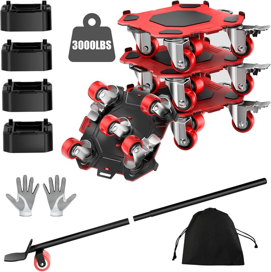 Furniture Dolly & Movers 4-Pack 3000lbs - Heavy Duty Interlocking Furniture Sliders with No Scratch Design, Safe for Hardwood Floors, for Sofa/Refrigerator/Piano Moving (Red, 7in)