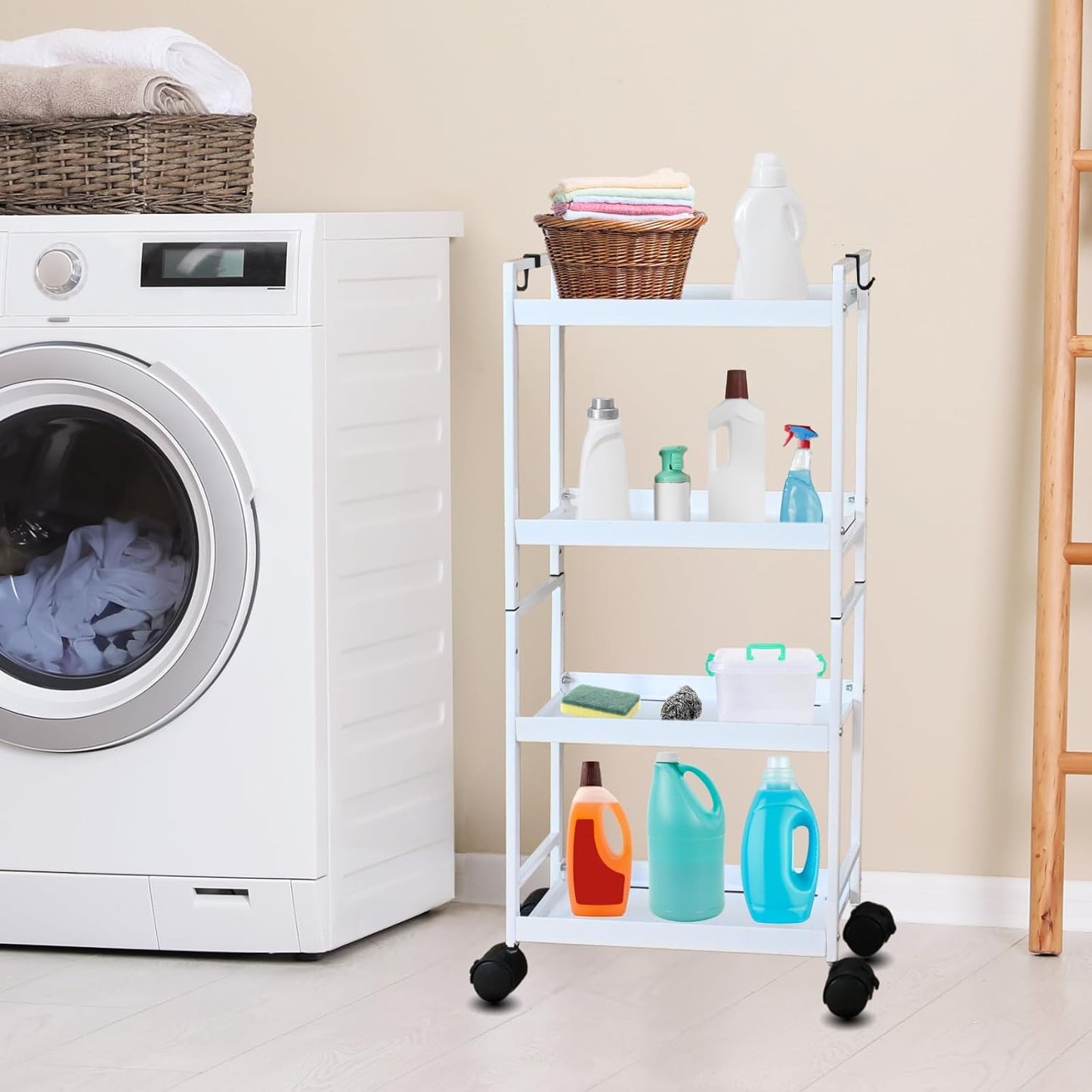 Beyeutao 4 Tier Slim Storage Cart with Wheels White Rolling Utility Cart Bathroom Storage Organizer Narrow Storage Cabinet for Kitchen, Bedroom, Laundry Room, Bathroom