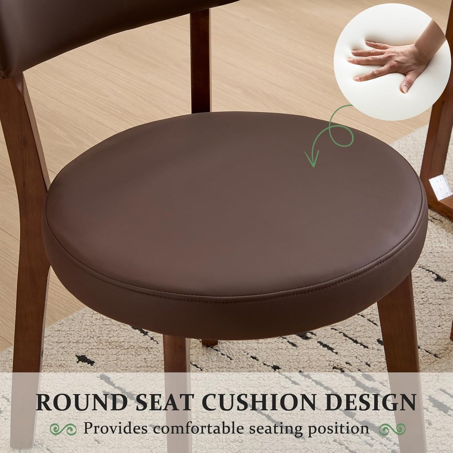 Furniliving Wooden Dining Chairs Set of 2, Mid-Century Modern Leather Upholstered Kitchen Chair with Solid Oak Wood, Farmhouse Dining Room Chairs, Brown