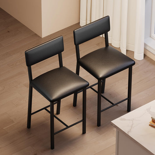 GarveeHome Bar Stools Set of 2, Counter Stools with Back and Thickened Metal Legs, Upholstered PU Leather Counter Height Barstools with Footrest, for Kitchen Island, Bar, Black