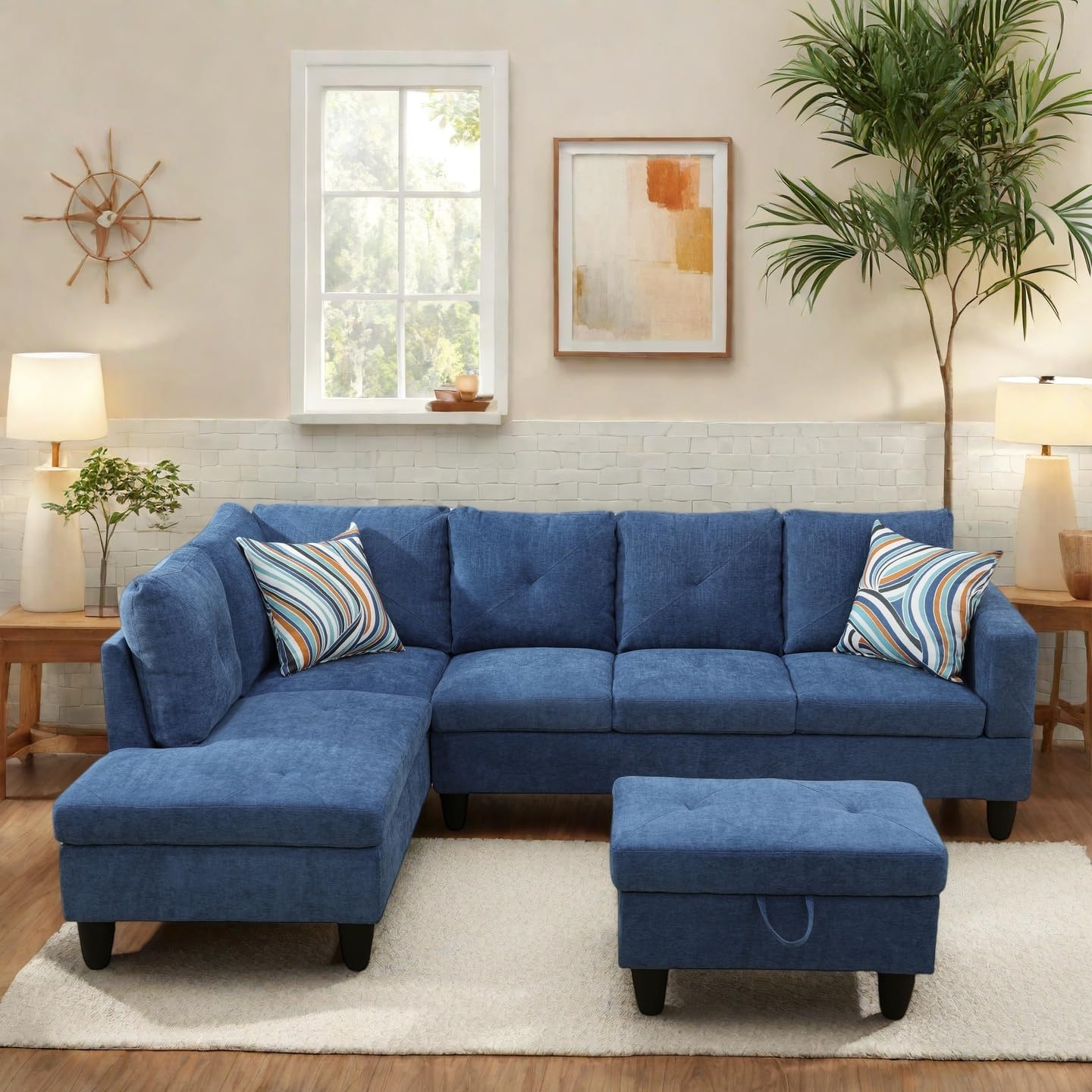 97" L Shaped Sectional Couch, Modern 4 Seat Modular Sectional Sofa with Storage Ottoman, Living Room Sets for Small Spaces, Apartment, Linen, Blue