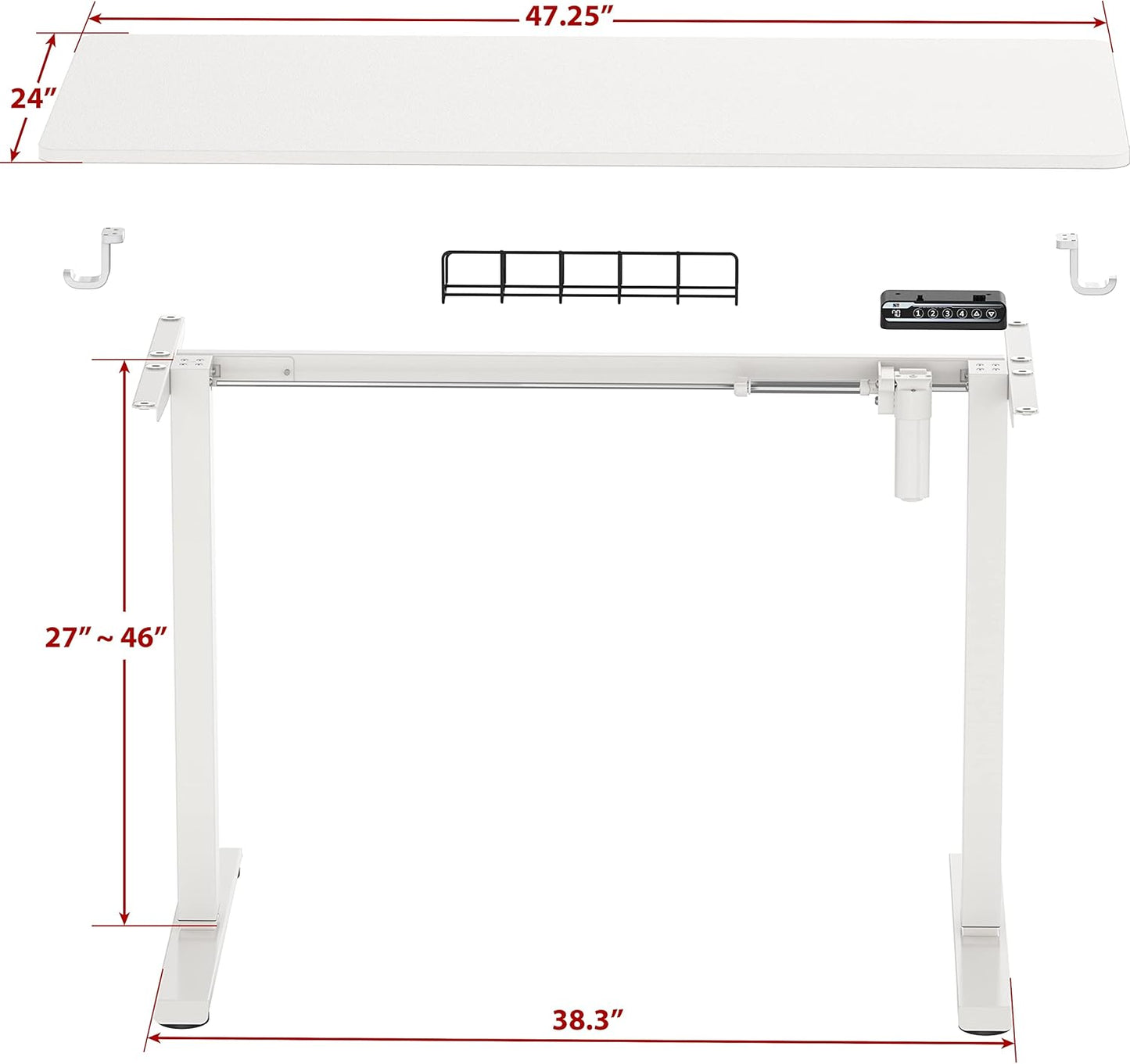 SHW 48-Inch Electric Height Adjustable Sit to Stand Desk with Hanging Hooks and Cable Management, White Frame and White Top