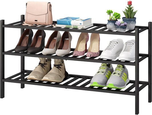 3-Tier Long Black Shoe Rack, Bamboo Wood Shoe Rack for Closet, Entryway & Hallway, Stackable | Functional | Sturdy