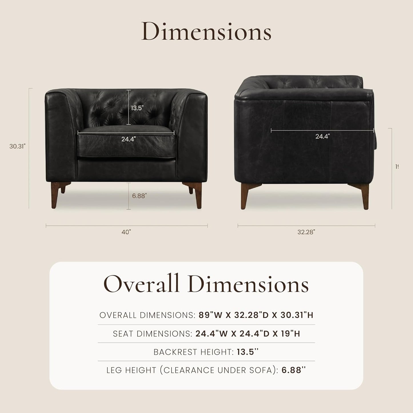 Poly & Bark Essex Lounge Chair - Leather Chair with Tufted Back - Full-Grain Living Room Armchair with Feather-Down Topper - Vintage Italian Leather in Midnight Black - Set of 2