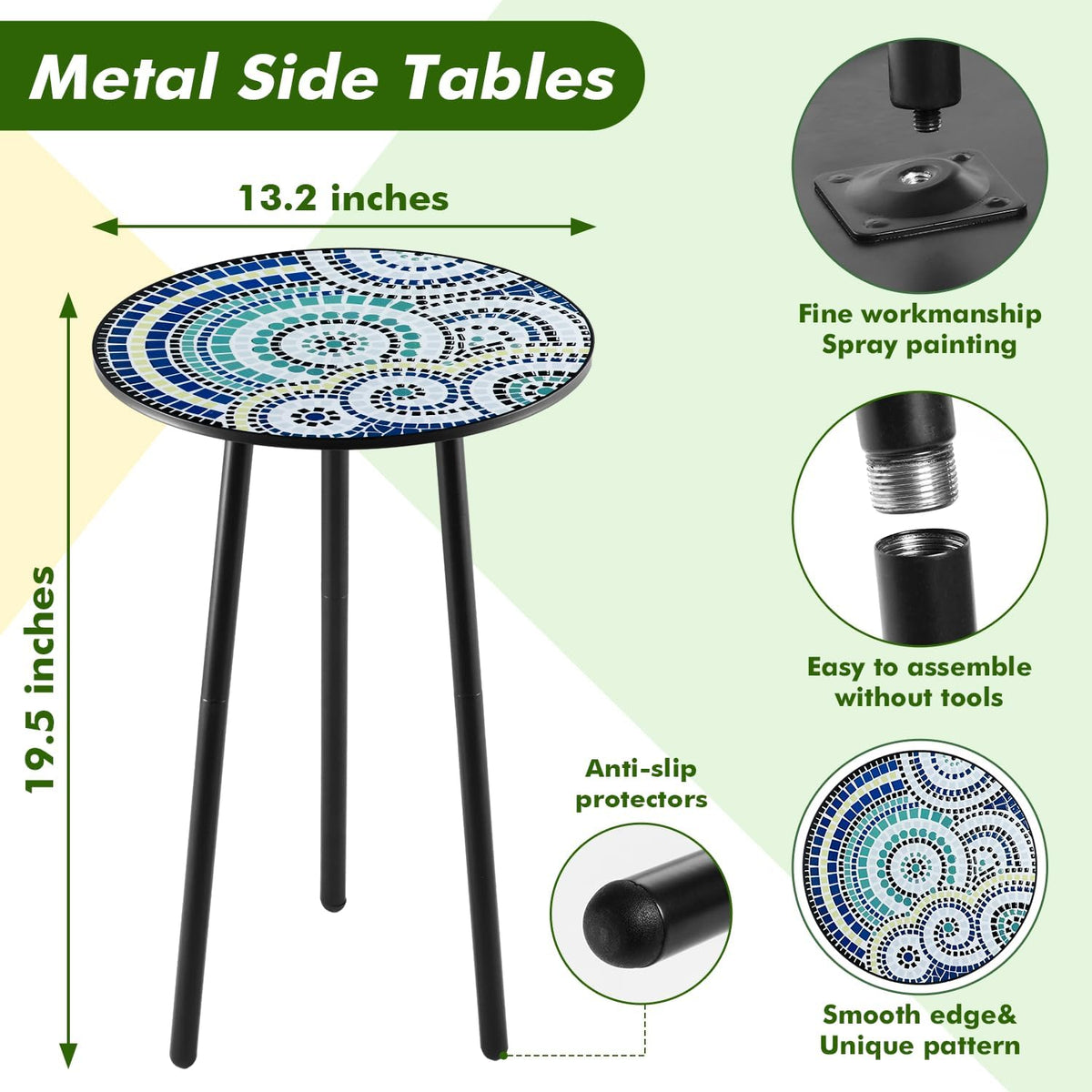 2 Packs Metal Mosaic Round Side Tables 13.4" Small Outdoor Patio Round Accent Coffee Tables Indoor Corner Stand for Small Spaces Weather-Resistant for Balcony, Porch Plant Stands Indoor