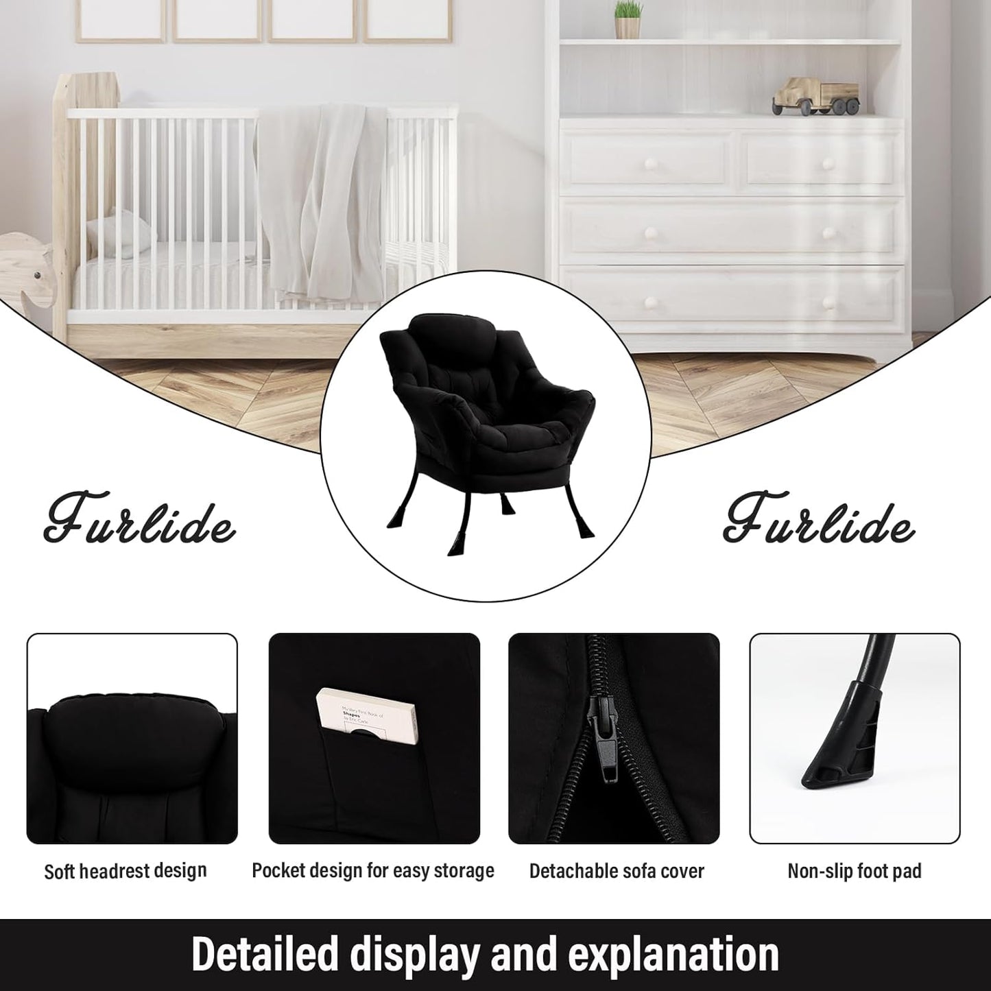 Lazy Chair for Living Room, Modern Accent Chairs with Armrests, Comfy Lounge Chair with Side Pocket, Cozy Lazy Sofa for Reading, Balcony, Bedroom, Dorm, Small Spaces (Black)
