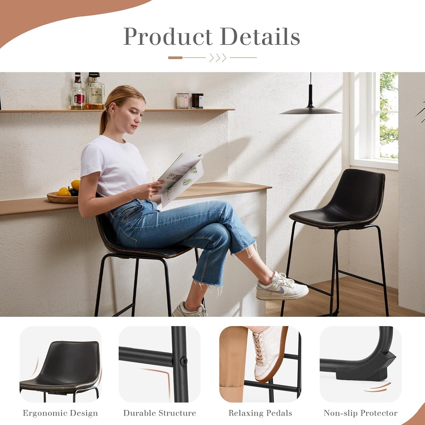 DUMOS 30 Inch Counter Height Bar Stools Set of 2, Modern Faux Leather High Barstools with Back and Metal Leg, Bar Chairs for Kitchen lsland, Elegant Black