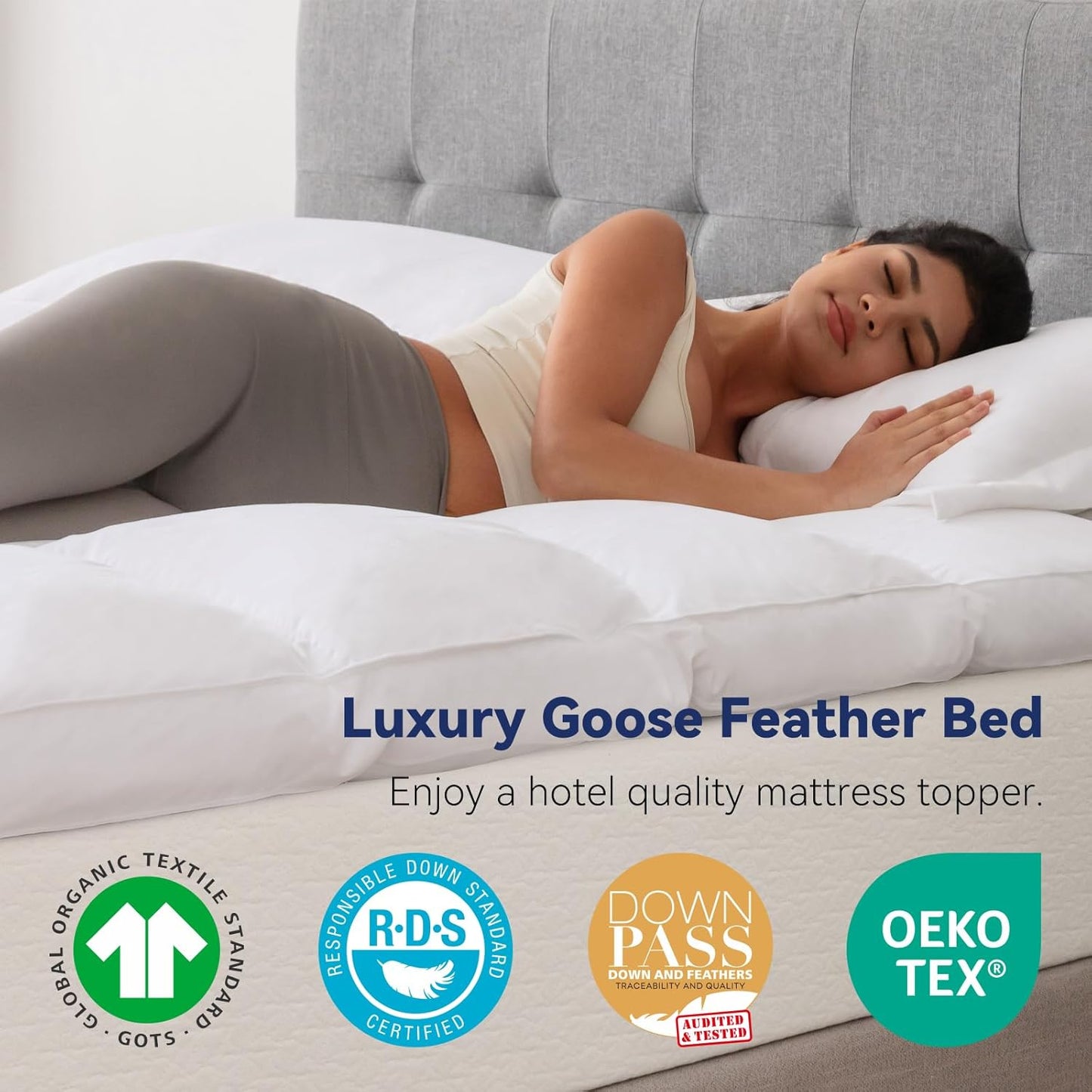 3 Inch White Goose Feather Mattress Topper,Full Feather Bed Topper,Mattress Cover with Straps,Ultra Soft Pillowtop,100% Organic Cotton Fabric(54”x75”)