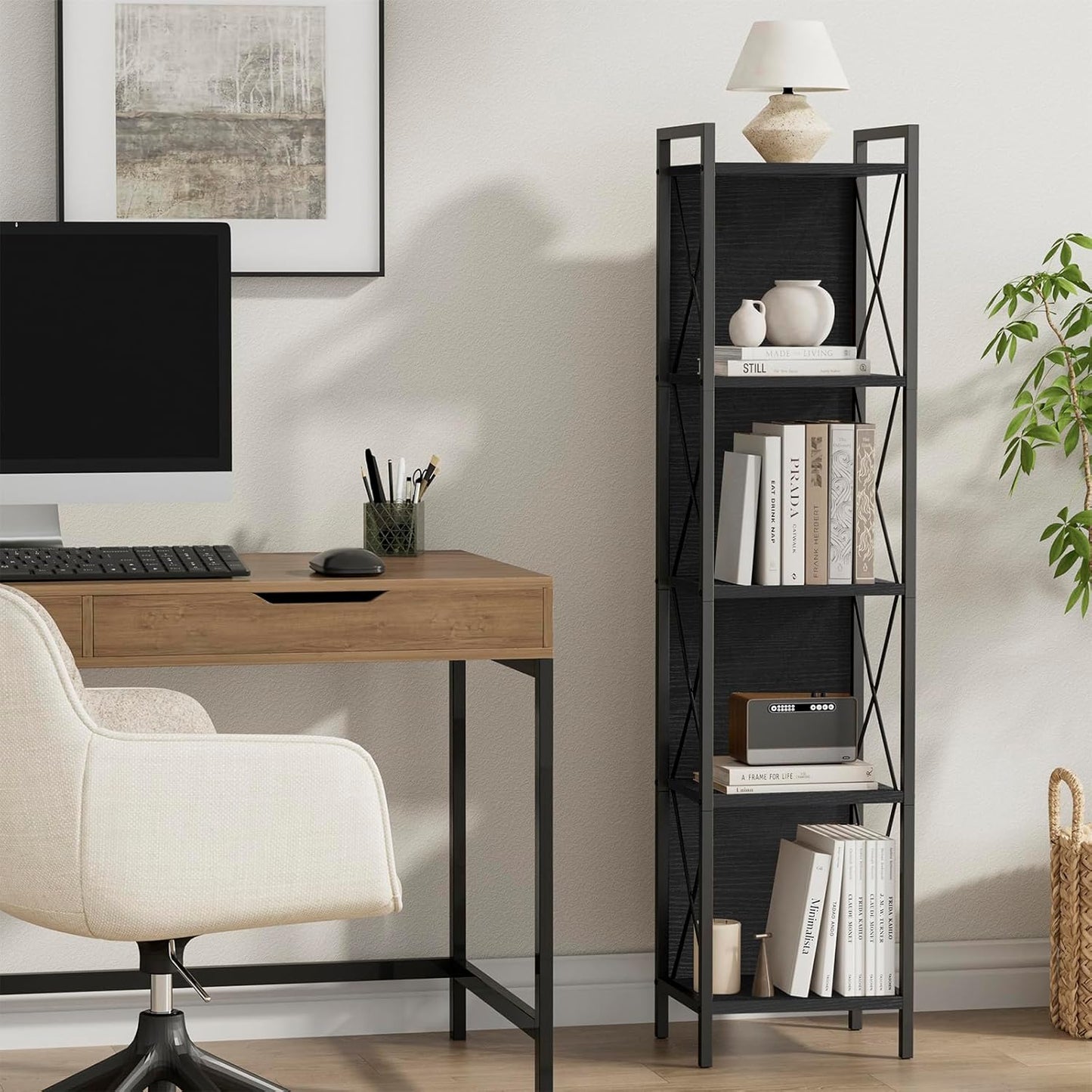 Homhedy 5 Tier Bookshelf Bookcase, Tall Narrow Bookshelf for Small Space, Metal Storage Shelves with Back Panel, for Home Office, Living Room, Kitchen, Bedroom, Industrial Style, Black