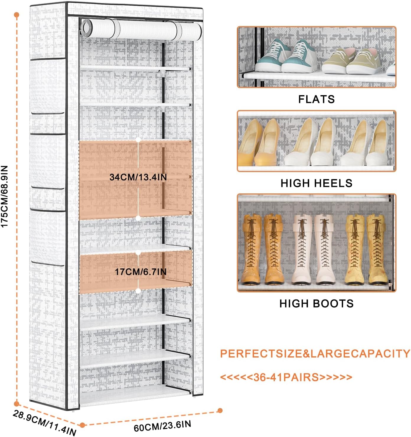Shoes Rack 10 Tier Tall Shoe Rack with Storage Pockets, Fabric Covered Shoe Racks,Metal Shoes Rack Organizer for Closets,Bedroom, Garage