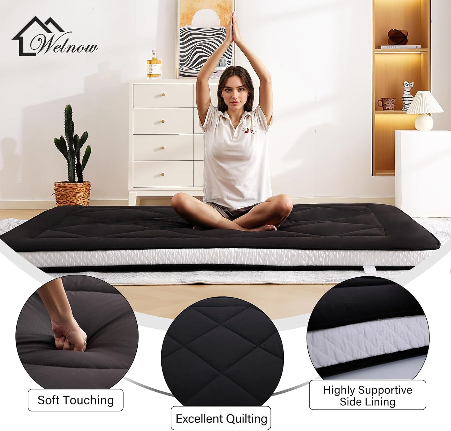 Welnow Japanese Futon Floor Mattress, Thick Twin Size Tatami Mat Portable & Foldable Roll Up Floor Bed Mattress with Storage Bag, Sleeping Pad for Adults, Dorm, Guest Bed, Camping and Travel, Black
