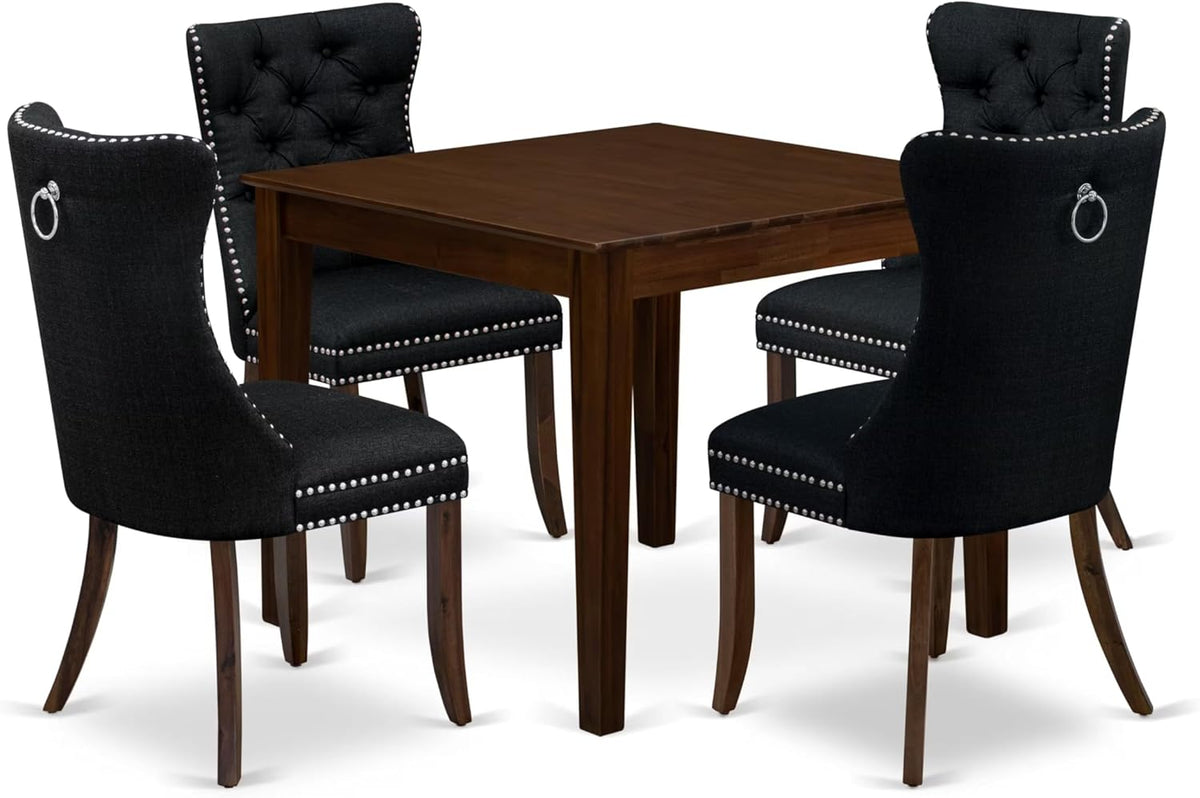 East West Furniture OXDA5-AWA-24 5 Piece Dining Table Set Consists of a Square Modern Kitchen Table and 4 Polyester Fabric Upholstered Parson Chairs, 36x36 Inch, Antique Walnut