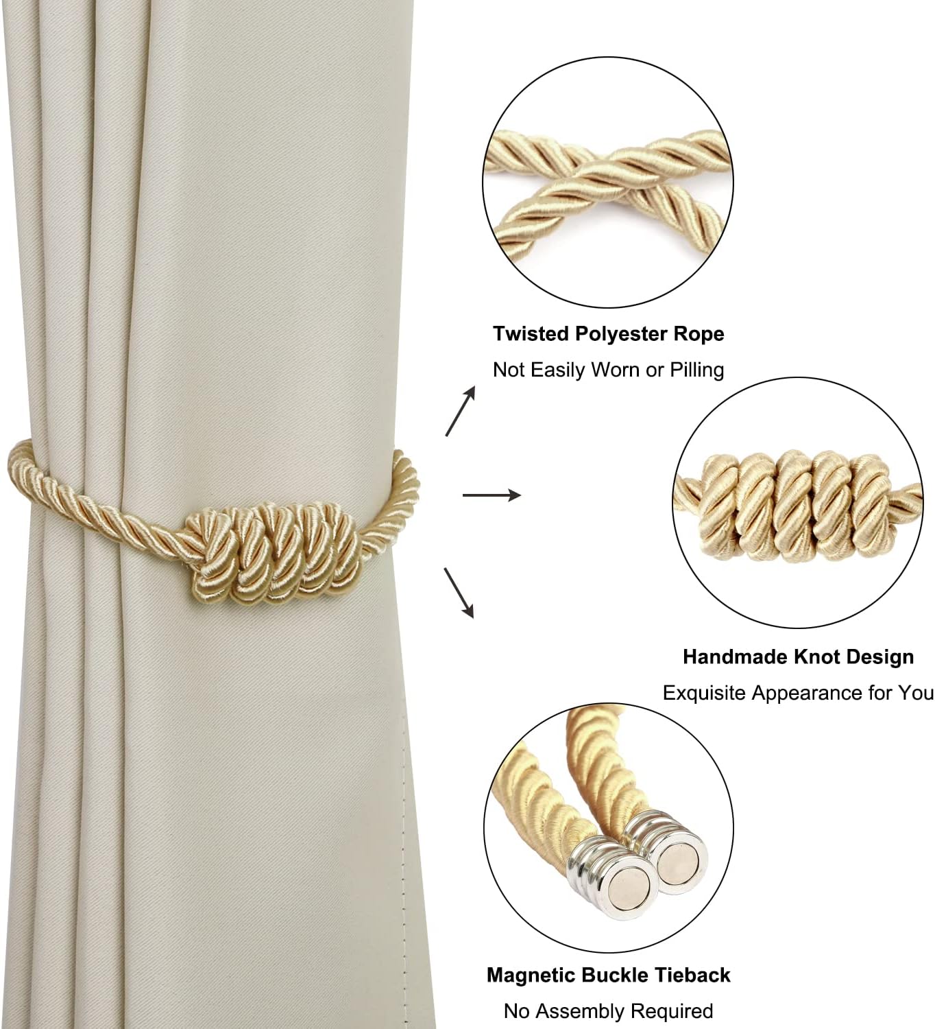 BEL AVENIR Magnetic Curtain Tiebacks, Decorative Drapery Holdbacks Modern Woven Tie-Backs with Exquisite Knot (Gold, 6 Pack)