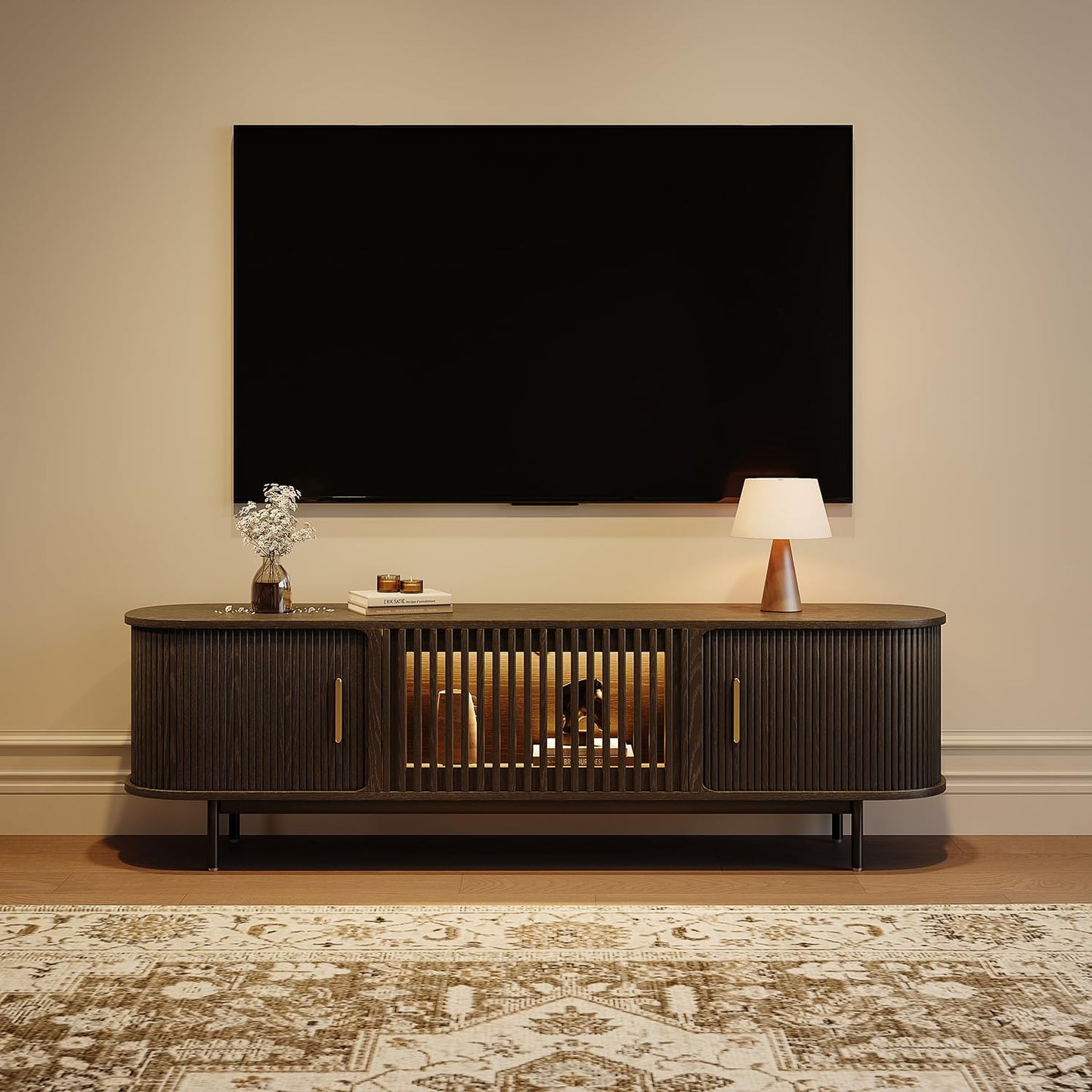 POVISON Sliding Tambour Door TV Stand with LED Lights, Mid Century Modern TV Console, Wood Media Console, Entertainment Center with Storage Cabinet, Fully-Assembled (Black, 70.87")