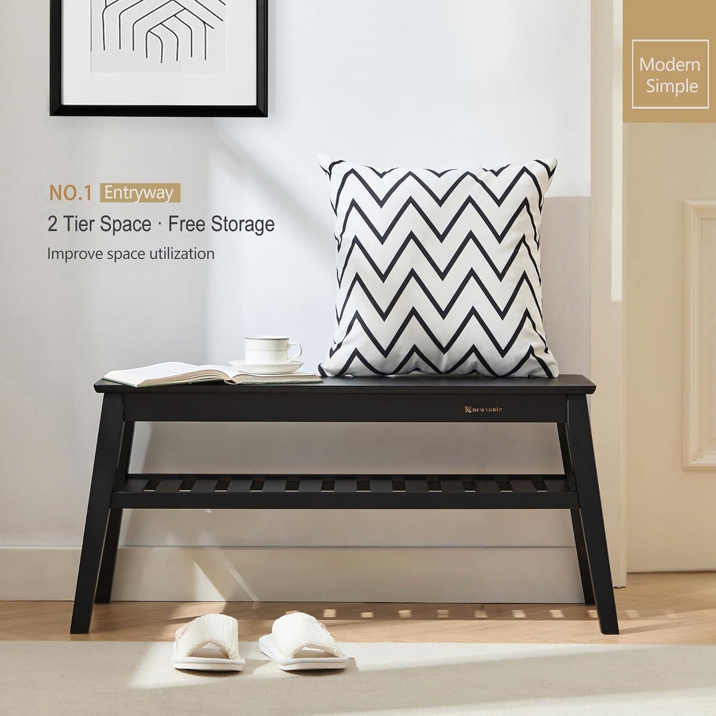 Nnewvante Bamboo Entryway Bench, 33.46" End of Bed Bench, 2 Tier Black Bench for Bedroom, Indoor Bench for Living Room, Dining Room, Hallway, Holds up to 300lbs