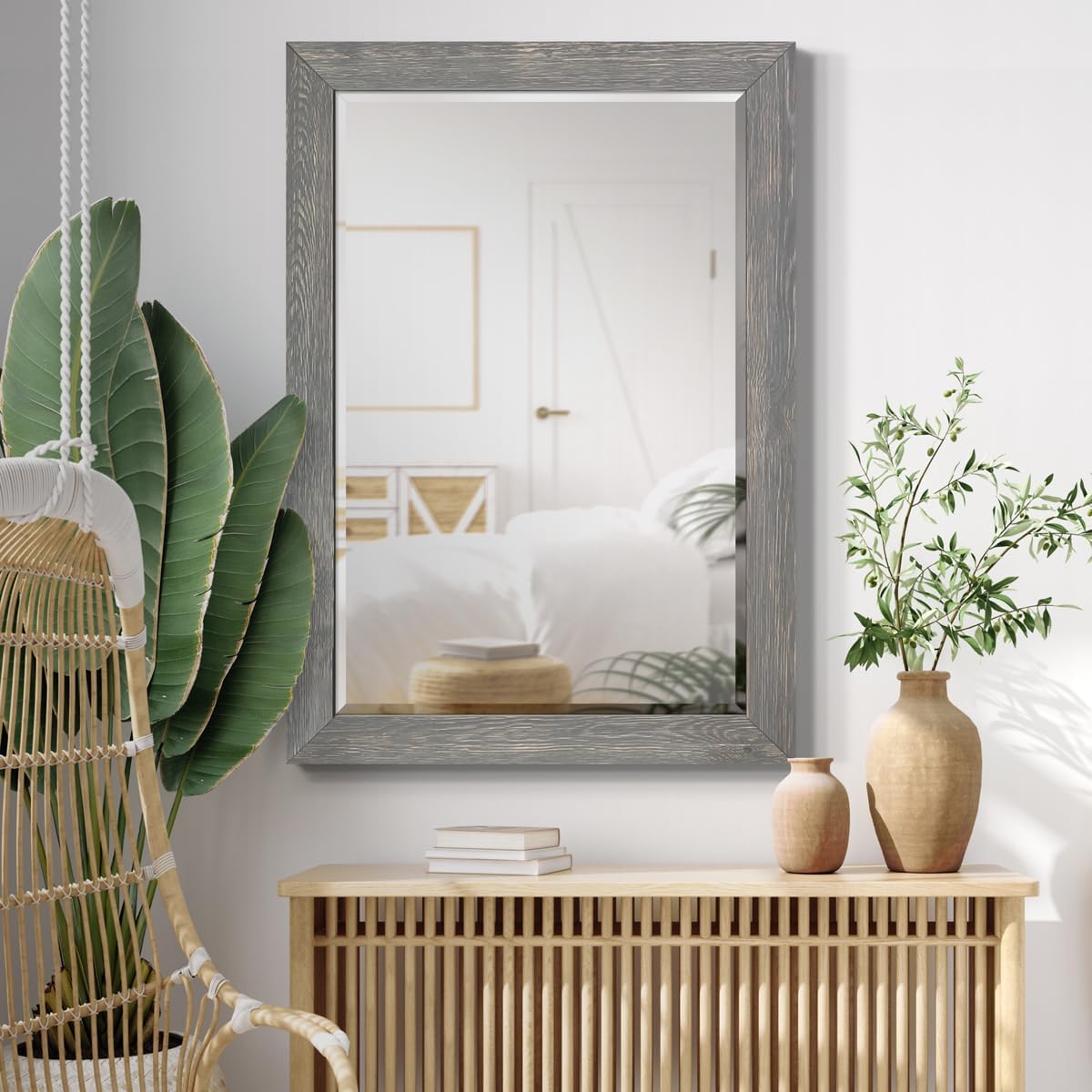 Gray Rustic Mirror Rectangular Barnwood Framed Wall Mirror for Home Decor, Vertical or Horizontal Hanging, 41x29