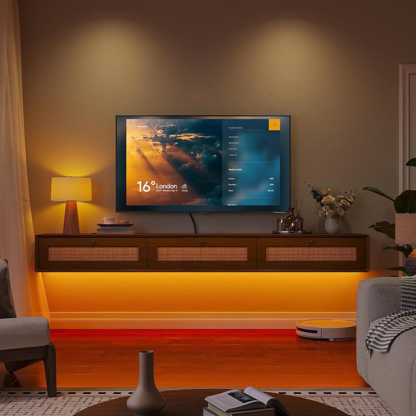 Fully-Assembled Floating TV Stand with 3 Rattan Doors, Rustic Floating Entertainment Center Under TV Shelf, Modern Large Storage Wall Mounted Media Console for Living Room Bedroom 55IN