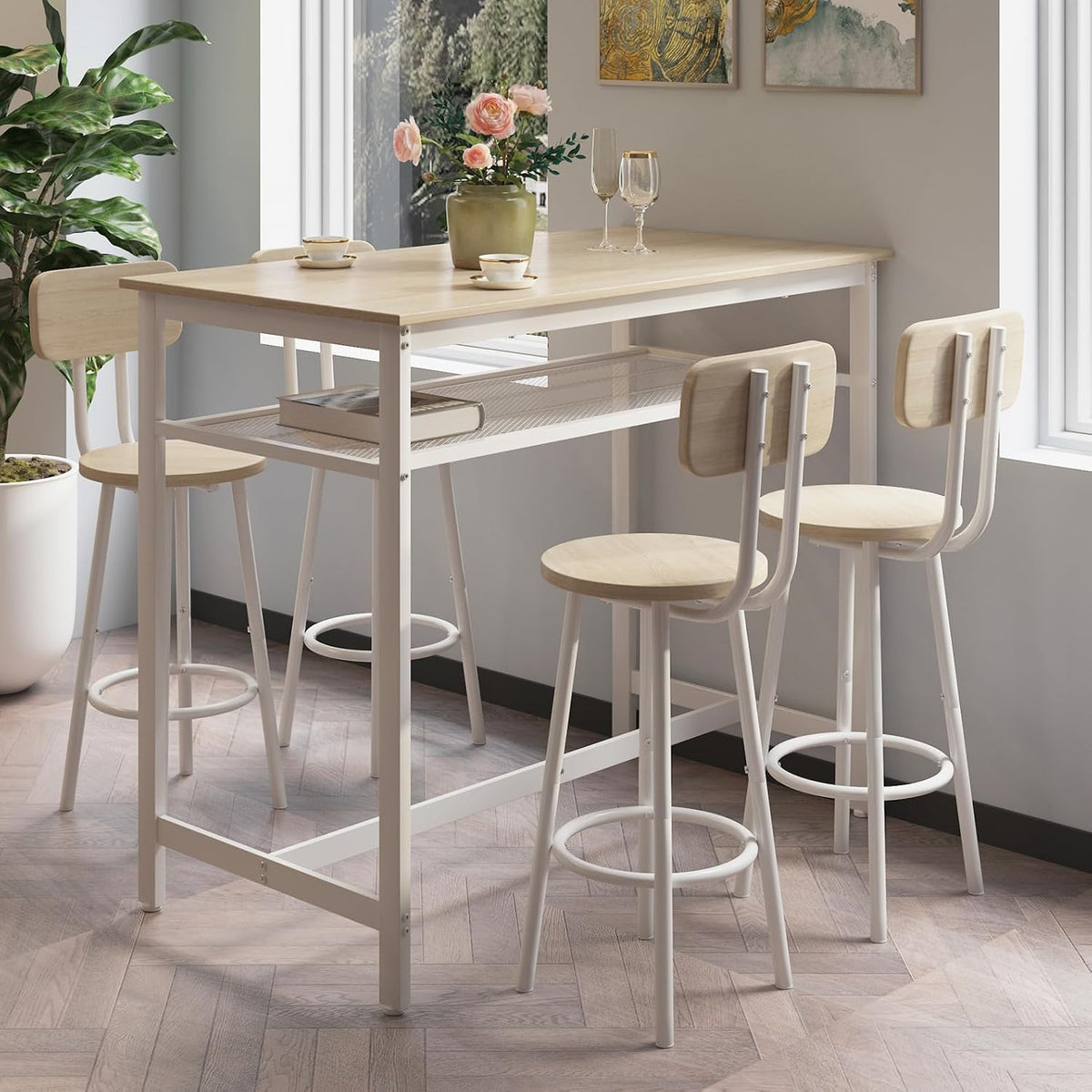 5-Piece Bar Table and Chairs Set, 43.3'' Pub Table Set Modern Small Table and Chairs Set of 4 for Breakfast Nook Living Room Small Space Restaurant, White Oak