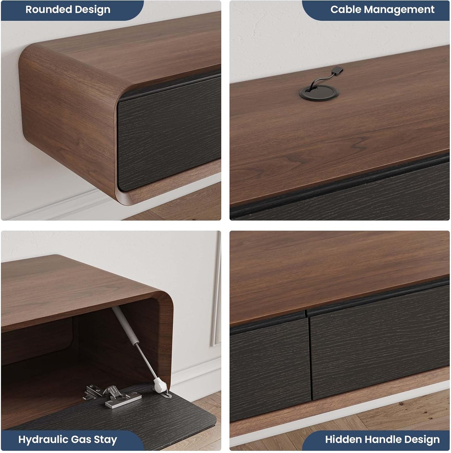 Fully-Assembled Minimalist Floating TV Stand, Modern Wall-Mounted Entertainment Center with 3 Flip-Down Cabinet Doors, Solid Wood, Walnut Veneer, 78"
