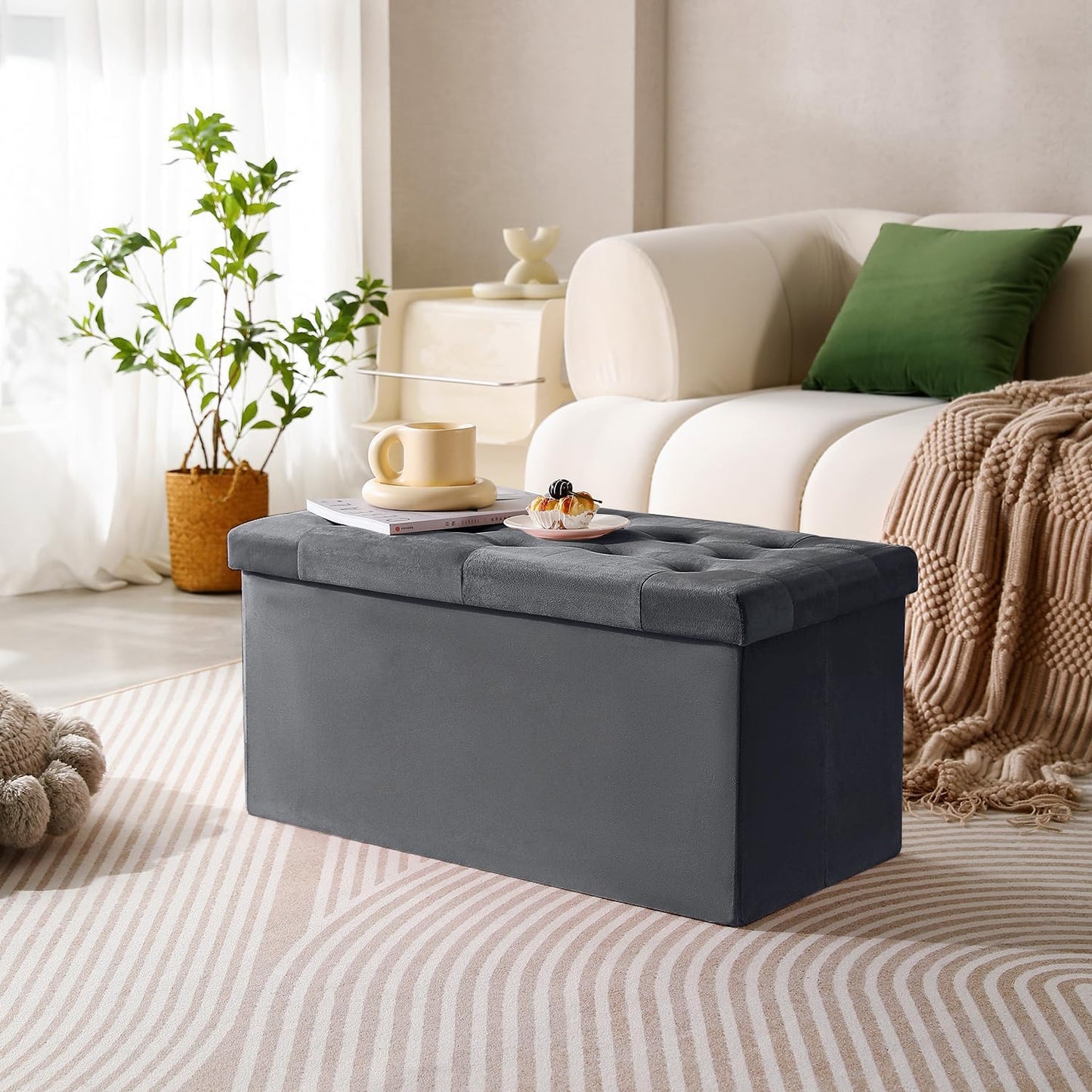 PRANDOM Extra Large Ottoman with Storage [1-Pack] Velvet Folding Small Square Foot Stool with Lid for Living Room Bedroom Coffee Table Dorm Dark Grey 30.5x15x15 inches