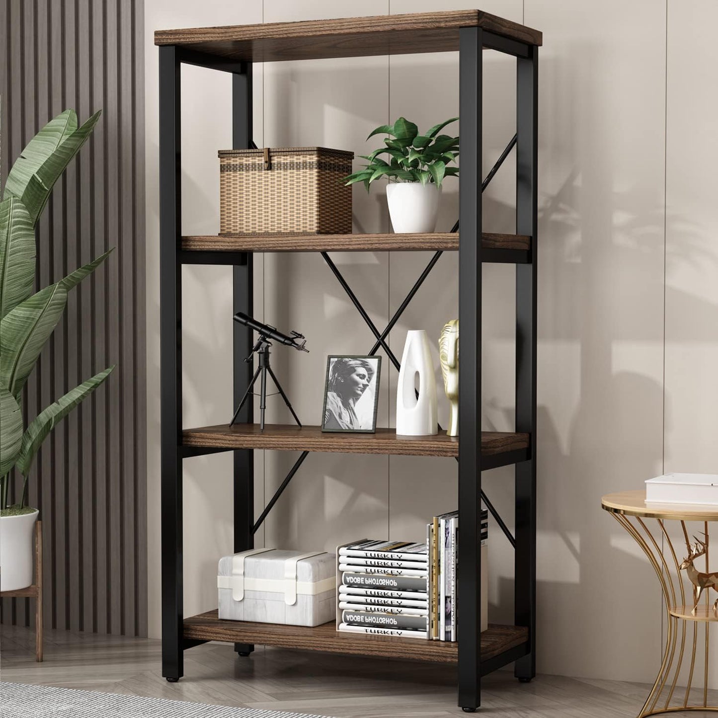 4 Tier Bookshelf, Solid Wood Bookcase Shelf Storage Organizer, Vintage Storage Rack with Open Shelves Rustic Standing Bookshelves for Living Room,Bedroom Rustic Brown(AY01-4tier)