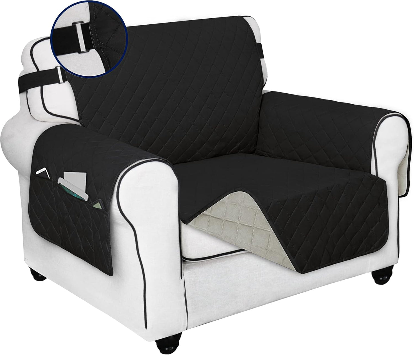 PureFit Reversible Sofa Cover Water Resistant Chair Couch Cover, Machine Washable Furniture Cover with Non-Slip Foam and Adjustable Strap for Dogs, Pets (Chair, Black/Beige)