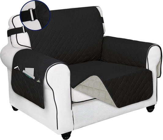 PureFit Reversible Sofa Cover Water Resistant Chair Couch Cover, Machine Washable Furniture Cover with Non-Slip Foam and Adjustable Strap for Dogs, Pets (Chair, Black/Beige)