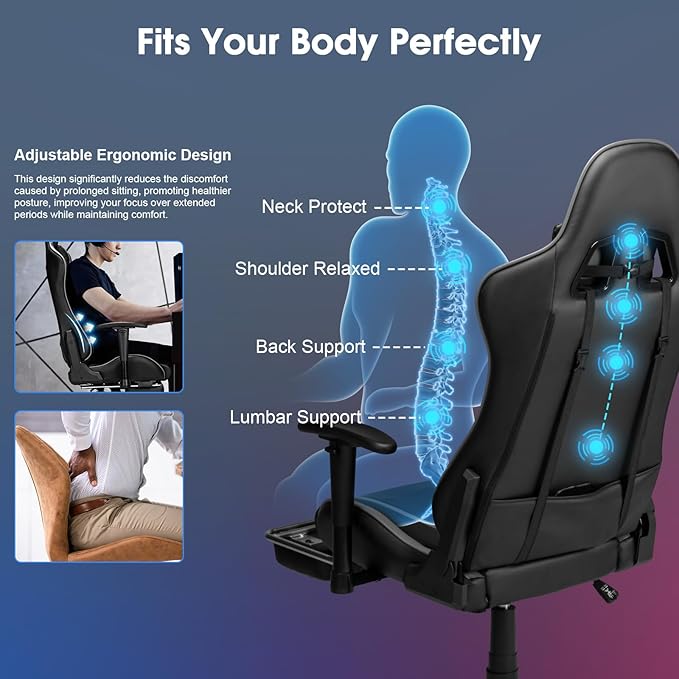 Douxlife 7-Point Massage Gaming Chair, 175° Gaming Recliner with Footrest Ergonomic Computer Office Chair High Back Video Game Chair with Lumbar Support, Upgraded Versio Grey