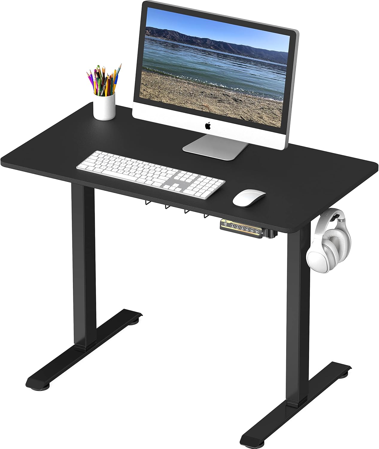 SHW 40 x 22 Inches Electric Height Adjustable Sit to Stand Desk with Hanging Hooks and Cable Management, Black Frame and Black Top