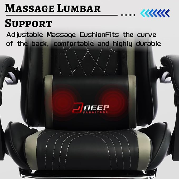 Ergonomic Gaming Chair with Footrest and Lumbar Massage, Racing Office Chair, High Back Computer Desk Chair with Headrest Pillow for Adults, Video Game Chair for PC Gamer (1001-Gray)