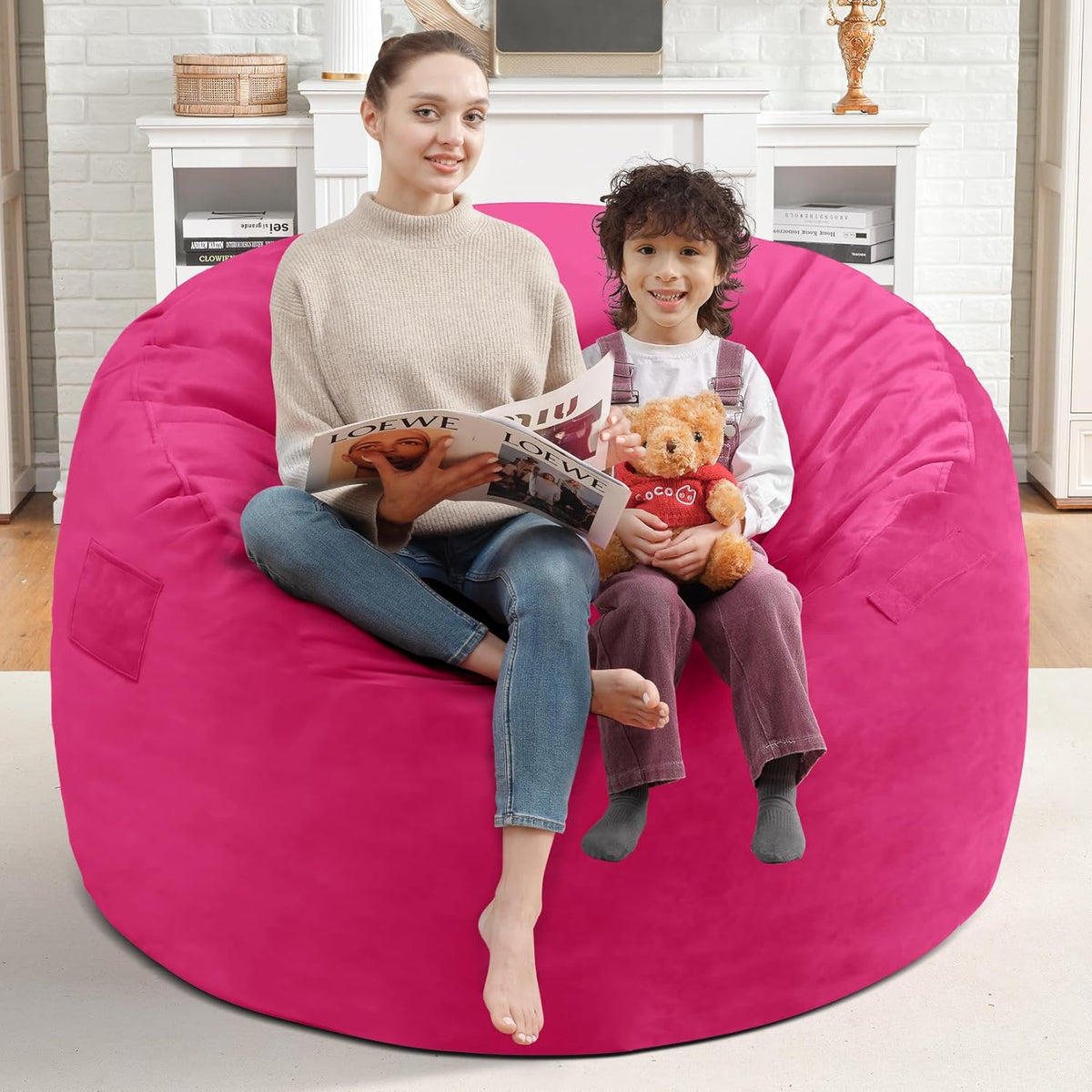 3FT Bean Bag Chair, Comfy Bean Bag Chairs with Memory Foam Filled, Fluffy Beanbag Sofa with Dutch Velvet Cover, Round BeanBag Chairs for Living Room, Playroom - Pink