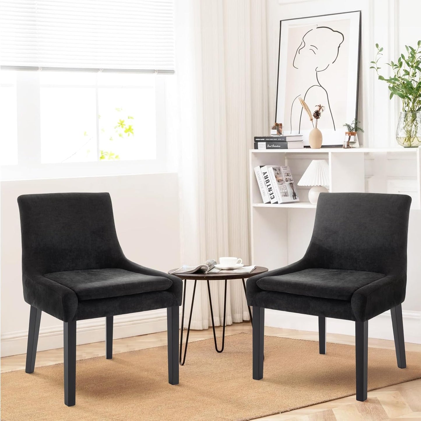 COLAMY Modern Dining Chairs Set of 2, Upholstered Corduroy Accent Side Leisure Chairs with Mid Back and Wood Legs for Living Room/Dining Room-Black