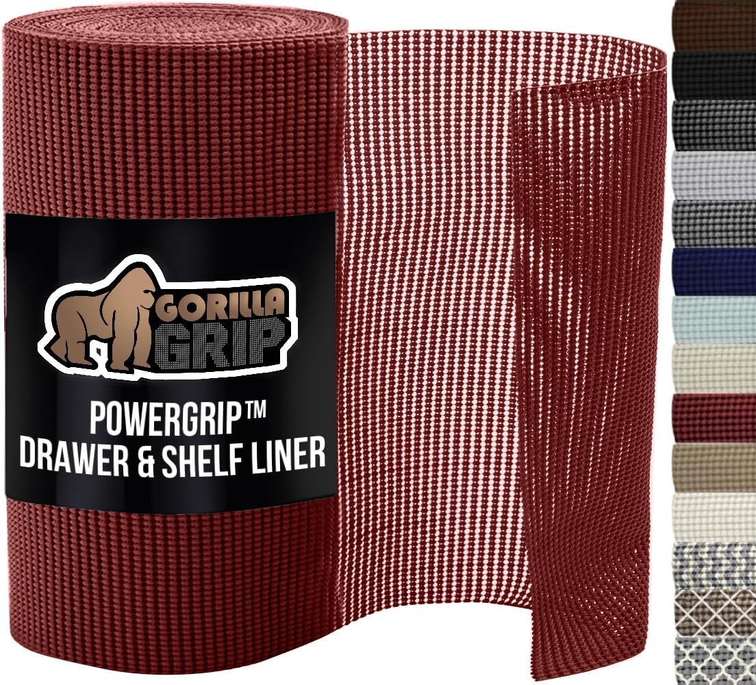 GORILLA GRIP powerGRIP Drawer Shelf and Cabinet Liner, Thick Strong Hold, Non-Adhesive Liners Protect Kitchen Cabinets and Cupboard, Bathroom Drawers, Easy Install, Breathable Mat, 12" x20', Red