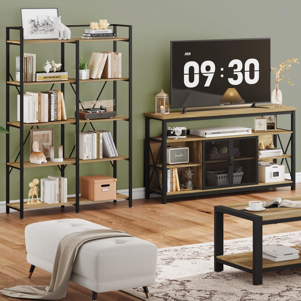 BON AUGURE Tall TV Stand for 65 55 Inch TVs, Industrial Entertainment Center with Storage Cabinet, Wood Farmhouse TV Media Console for Living Room and Bedroom (32 Inch High, Vintage Oak)