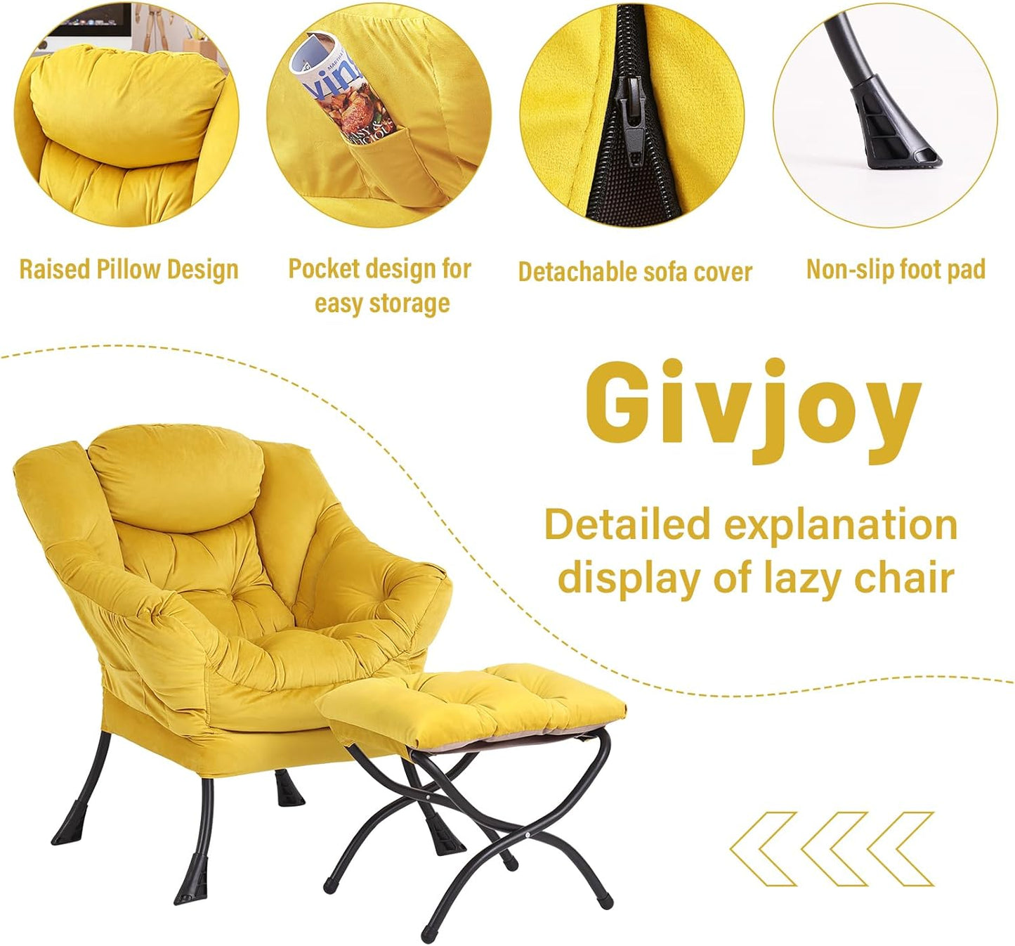 Lazy Chair and Ottoman, Large Accent Lounge Chair with Armrests and a Side Pocket, Modern Leisure Upholstered Sofa Reading Armchair with Footrest for Bedroom, Living Room, Dorm Rooms, Office
