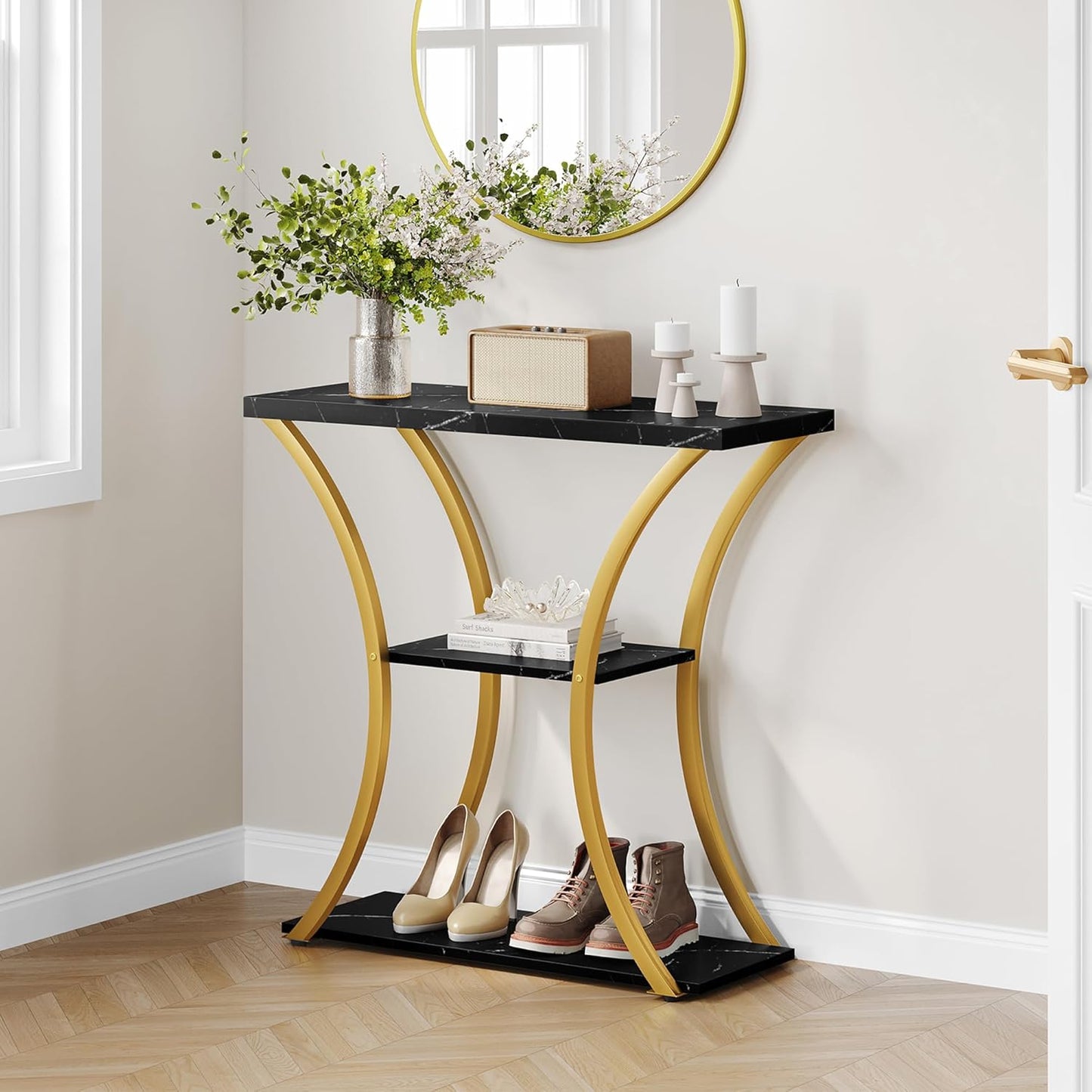 Hoctieon 3 Tier Console Table with Open Wood Shelves, Decorative Entryway Table with Curved Metal Frames, Narrow Sofa Table for Entrance, Living Room, Hallway, Gold and Black Marbled
