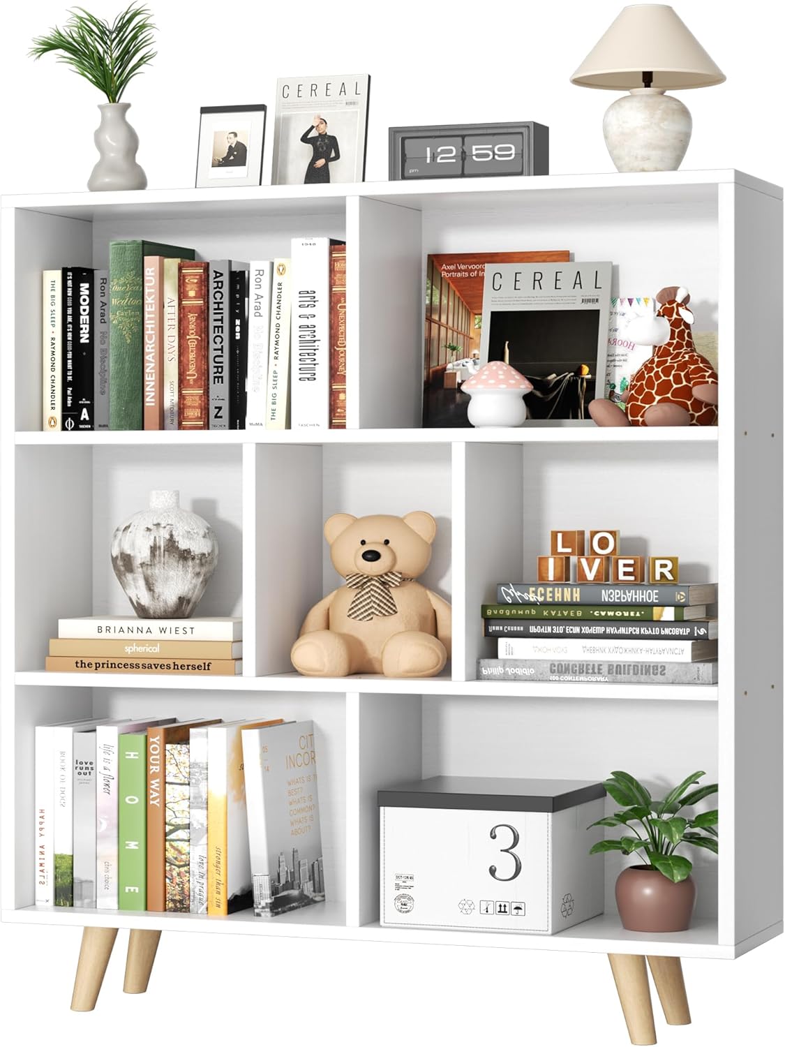 Shintenchi Cube Storage Organizer, 3 Tier Mid-Century Bookcase with Legs Cubeicals Retro Wood Organizer Storage Bookcase, Freestanding Open Book Shelves for Bedroom,Living Room,Office(White)