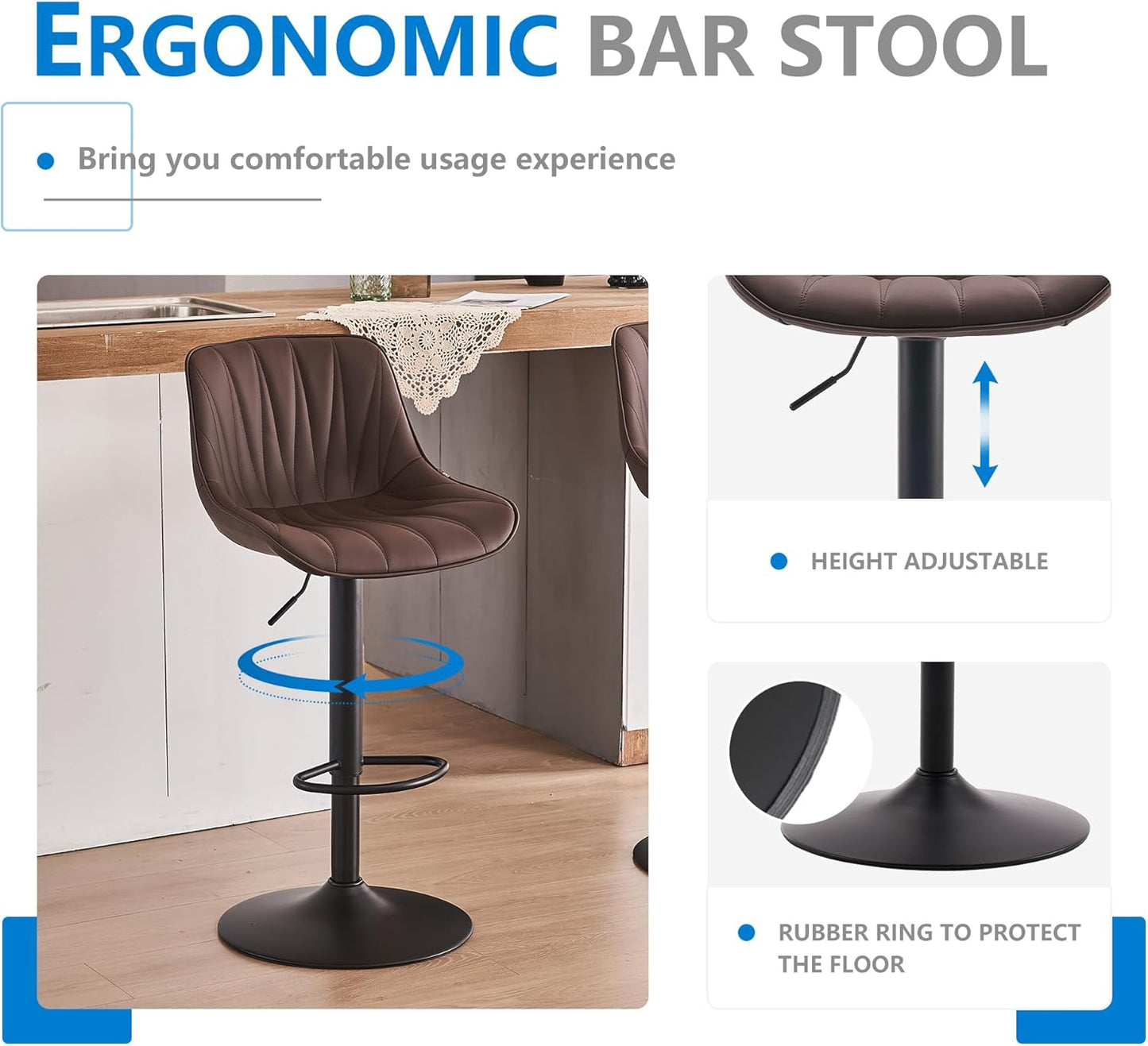 YOUNIKE Bar Stools Set of 2, Faux Leather Padded Bar Stool Counter Height Swivel Bar Chairs, Adjustable Barstools with Back for Kitchen Island, Modern Tall Bar Stools with 300LBS Support, Brown