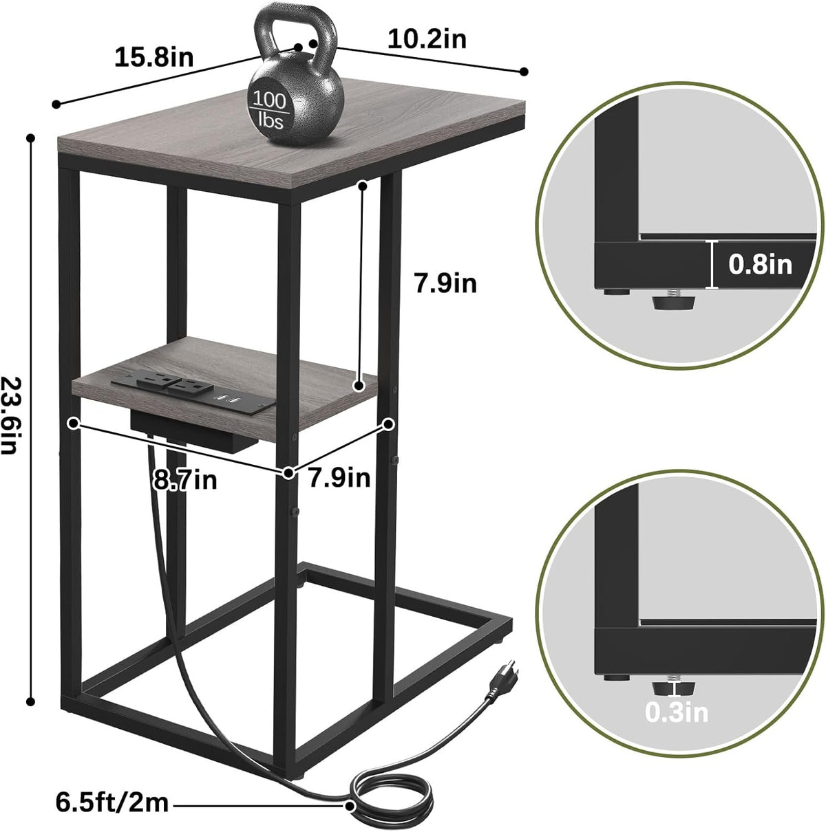 Yoobure C Shaped End Table with Charging Station, Small Side Table for Living Room, Bedroom, Sofa with USB Ports and Outlets for Small Spaces, C Couch Rustic Snack Bed Side Table