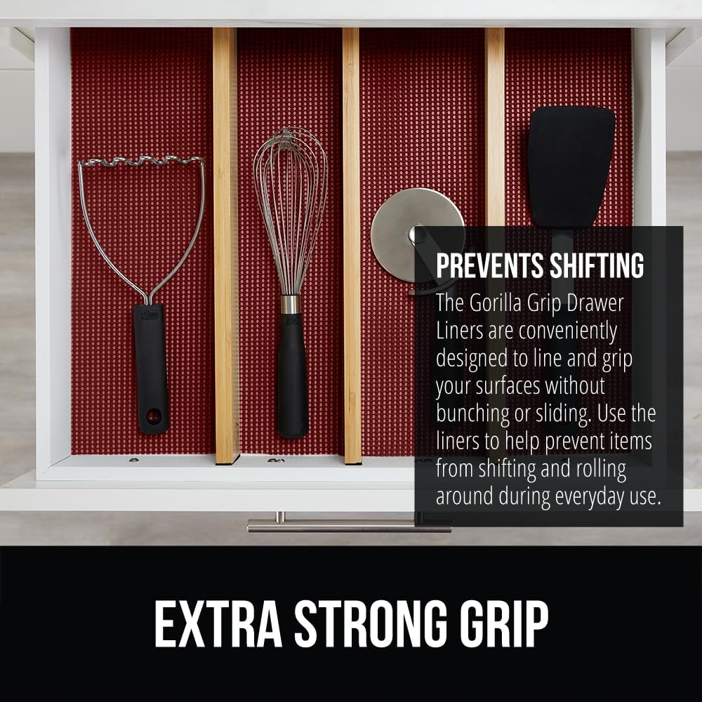 GORILLA GRIP powerGRIP Drawer Shelf and Cabinet Liner, Thick Strong Hold, Non-Adhesive Liners Protect Kitchen Cabinets and Cupboard, Bathroom Drawers, Easy Install, Breathable Mat, 17.5" x20', Red