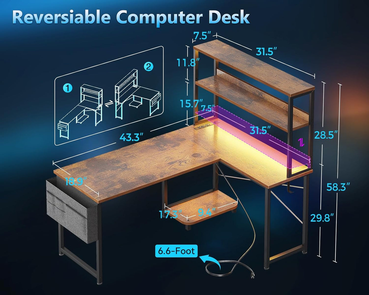 Casaottima Gaming Desk with Power Outlets & LED Lights, 43 Inch Reversible L Shaped Computer Desk with Shelves & Storage Bag, Corner Desk for Home Office, Vintage
