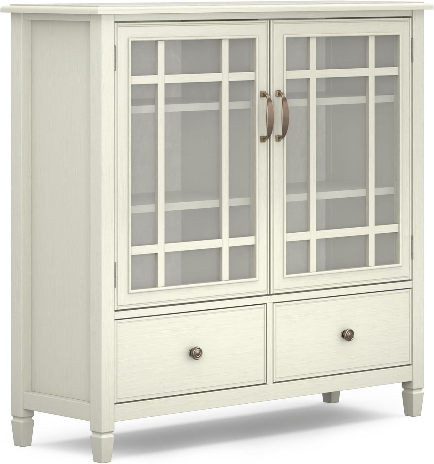 SIMPLIHOME Connaught SOLID WOOD 46 inch Wide Traditional Tall Storage Cabinet in Antique White for the Living Room, Entryway and Family Room