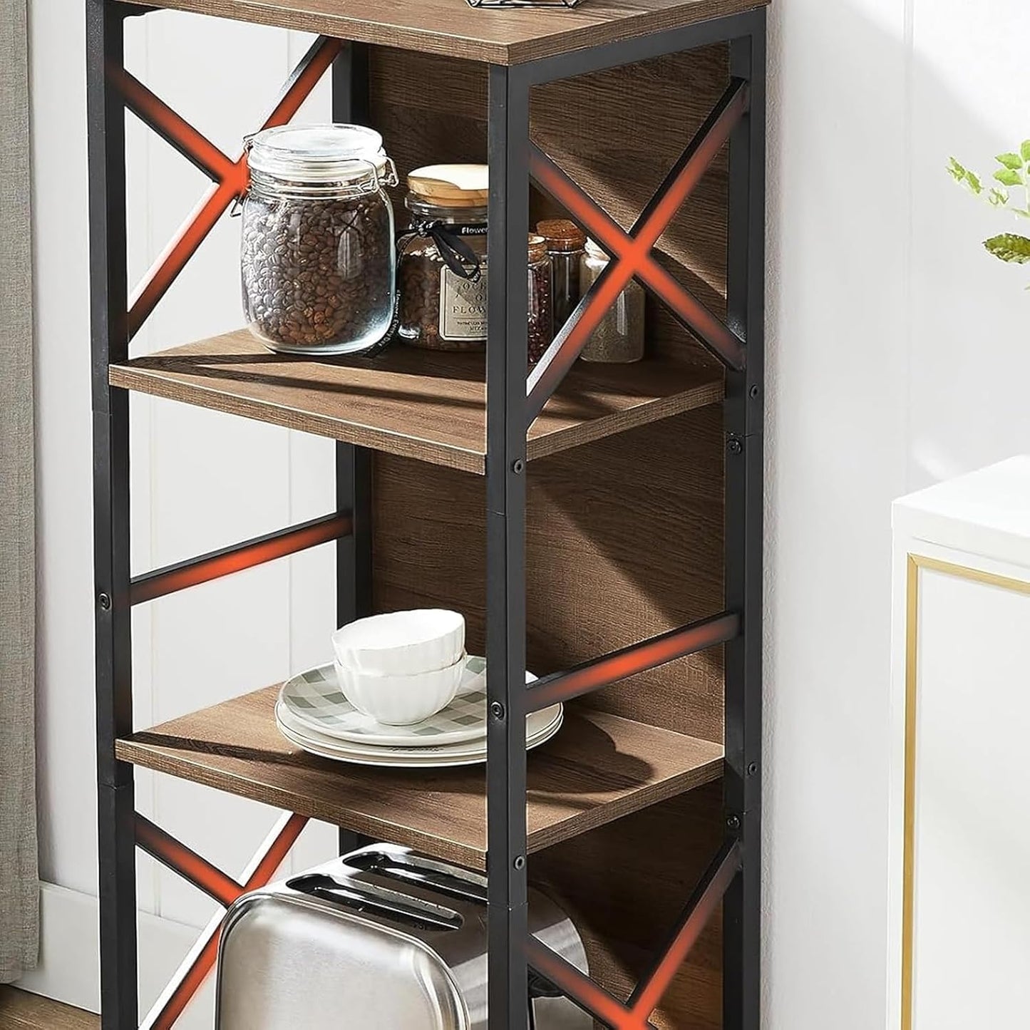 Small Bookshelf,5 Tier Industrial Bookshelf with Metal Frame and Backboard,Narrow Rustic Brown Book Shelf,Book case for Small Spaces,Living Room,Bedroom and Home Office
