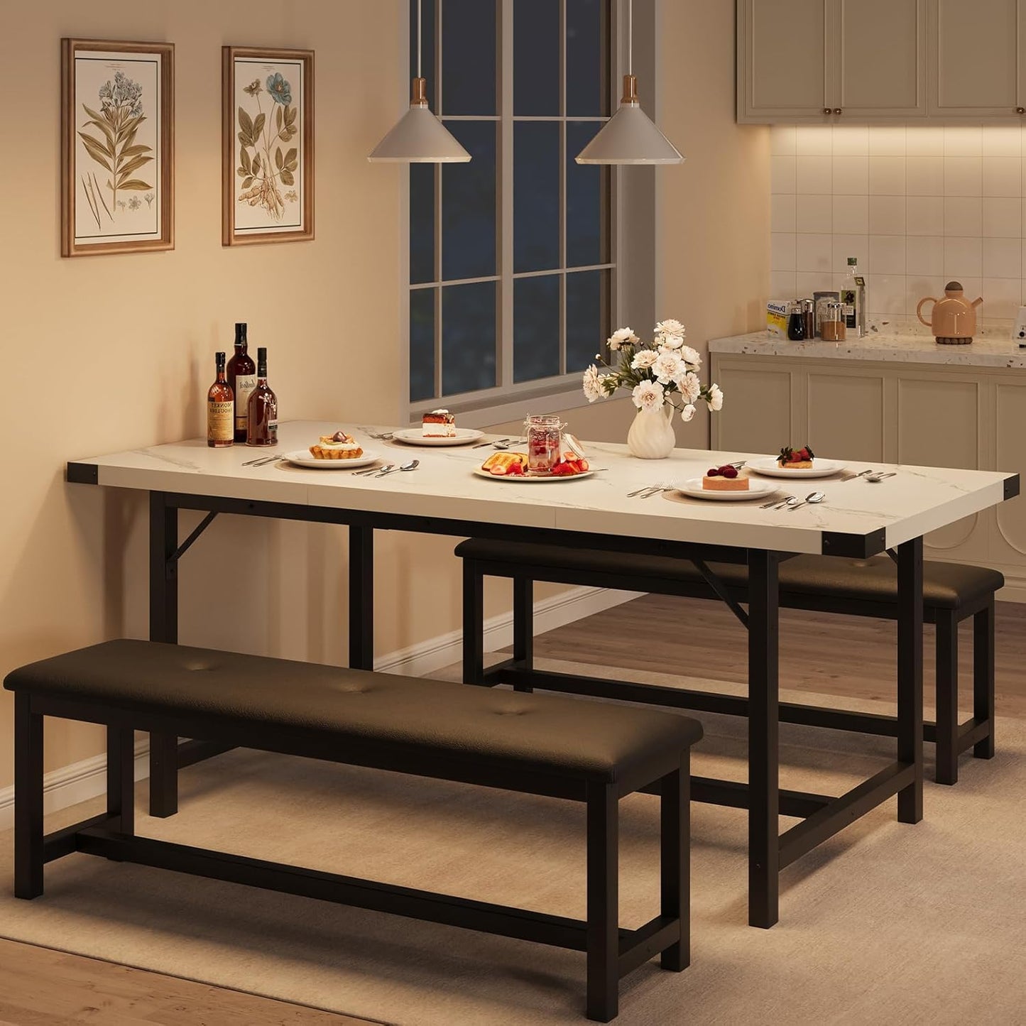 GarveeHome Extendable Dining Table Set for 4-6, Rectangle Large Extendable Kitchen Table with 2 Upholstered Benches & Metal Corner Protect for Dining, Apartment, Space Saving, Marble White