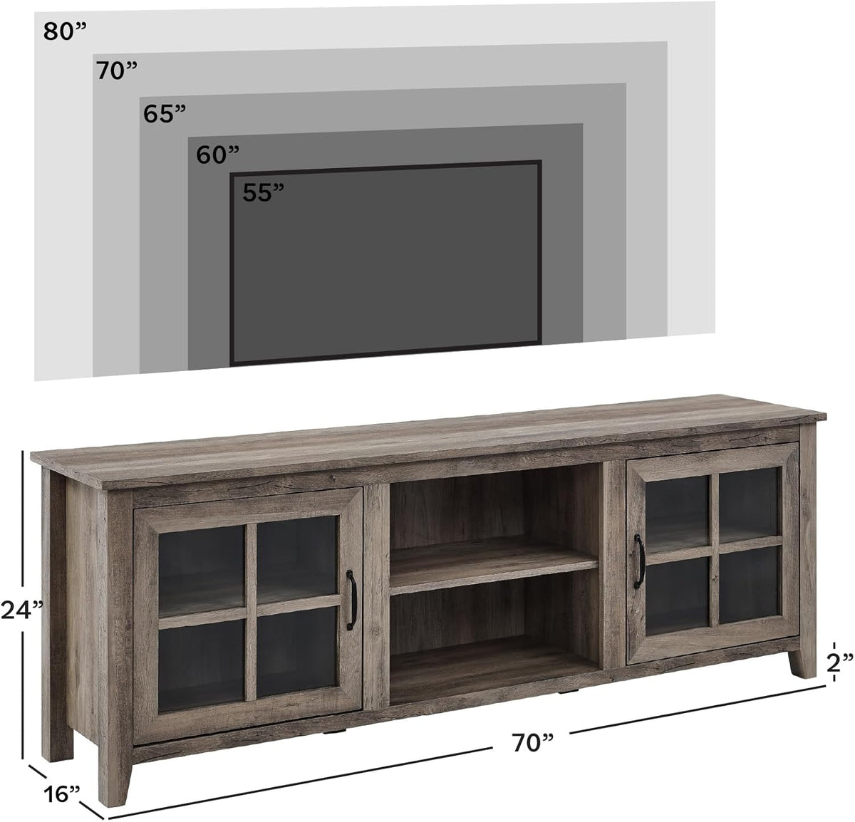 Walker Edison Portsmouth Classic 2 Glass Door TV Stand for TVs up to 80 Inches, 70 Inch, Grey Wash