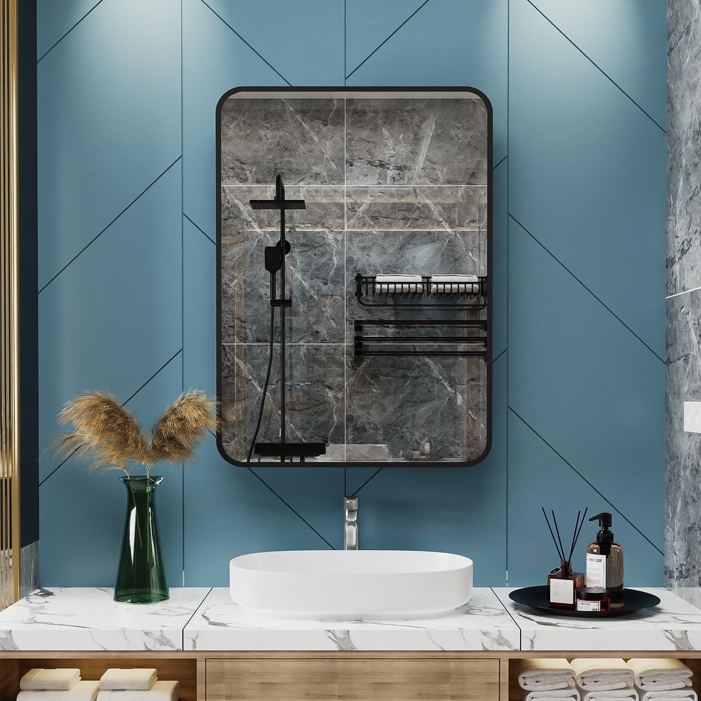 20x28 Inch Black Recessed Bathroom Medicine Cabinet with Mirror Metal Framed Farmhouse Surface Wall Mounted Mirrored Bathroom Medicine Cabinets