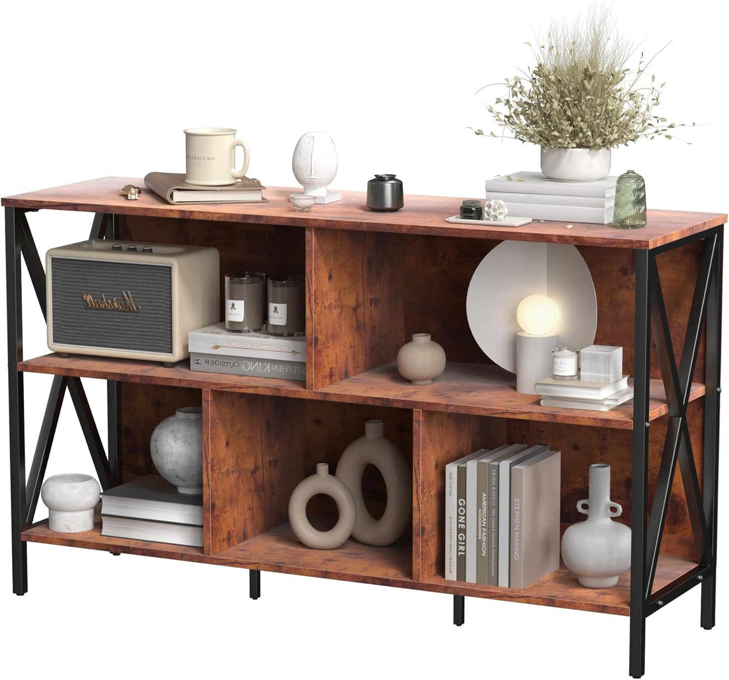 5 Cube Storage Organizer Shelf,Industrial Horizontal Bookshelf,Short Wide Cubby Bookcase,Low Large Book Shelf Metal Storage Organizer Open Shelf for Bedroom Living Room,Home,Office,47 in(Brown,5 Cube)