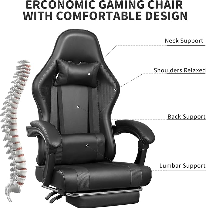 Gaming Chair with Footrest and Massage Lumbar Support, Height Adjustable Game Chair, Video Gaming Chair for Gaming Room, Living Room and Office - Black